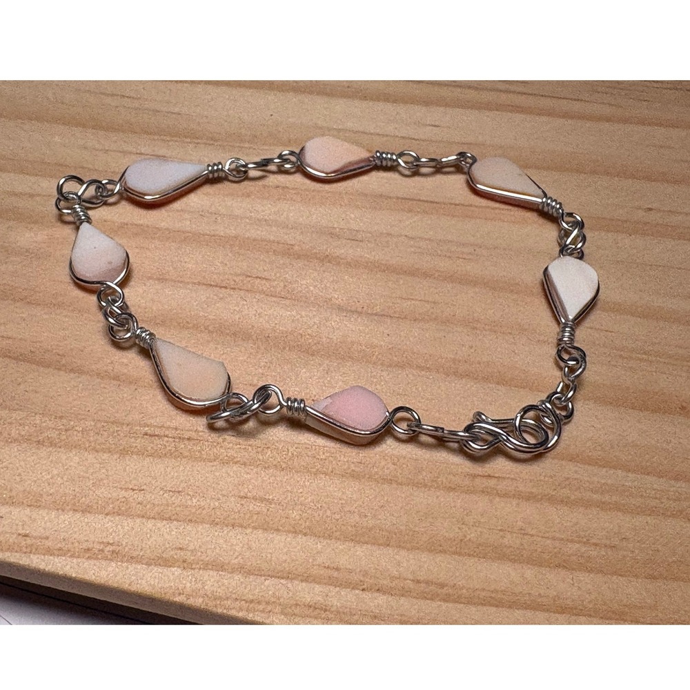 Light Pink Link Bracelet Women 7in Danty Wire Wrapped Teardrop Artisan Boho